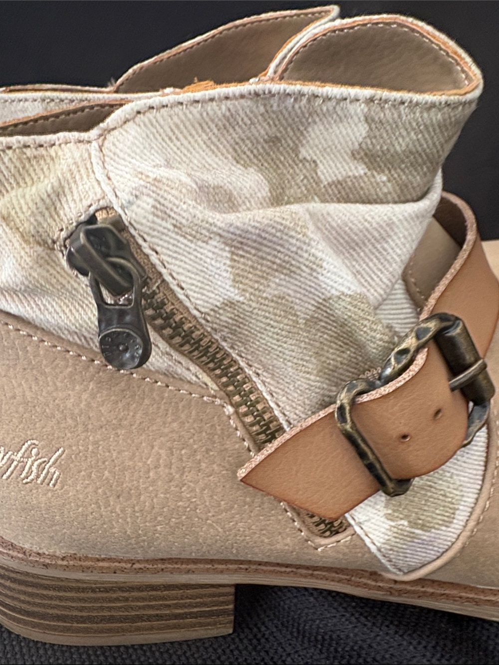 Blowfish Tan Suede Ankle Boots with Camouflage Cuff and Buckle - Picture 10 of 10